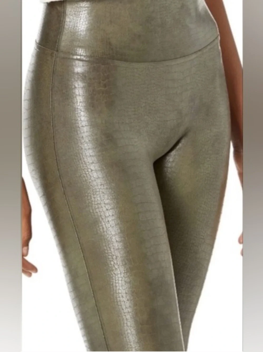 Spanx Faux Leather Croc Embossed Leggings Dark Olive High Rise Slim Fit Size M